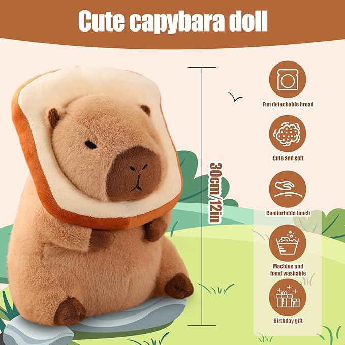 12" Capybara Plush Toy Kawaii, Cute Capybara Stuffed Animal with Wearable Bread, Soft Plushies Doll Bread Pillow for Girls Boys Kids Adults, Birthday Decorations Gifts Toys