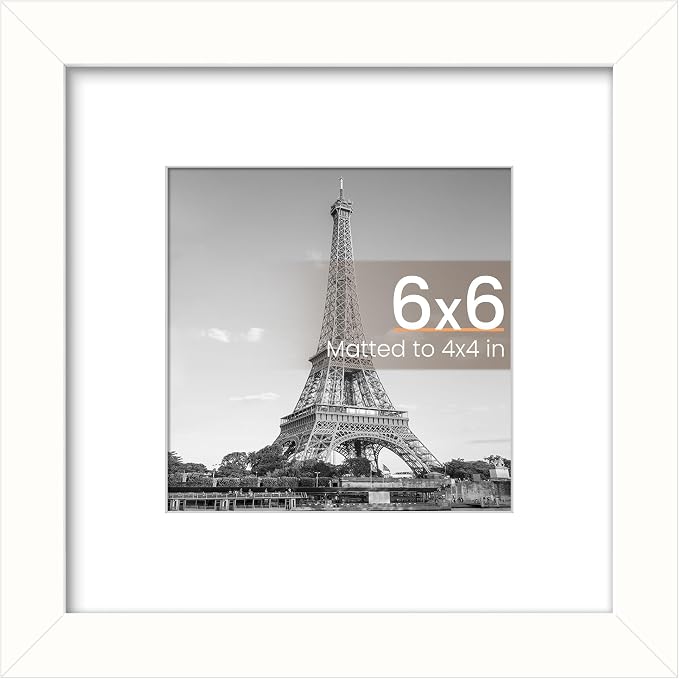 upsimples 6x6 Picture Frame, Display Pictures 4x4 with Mat or 6 x 6 Without, Wall Hanging Square Frames, White, 1 Pack