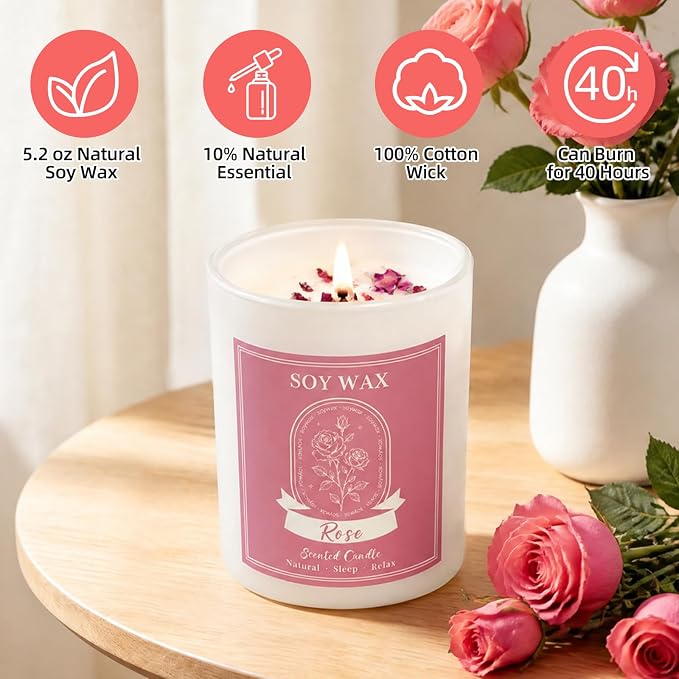 Scented Candle, Candles for Home Scented, 5.2 oz Soy Candles for Aromatherapy, Natural Hand-Poured, Relaxing Rose Scent, Gift for Women Mom (Rose)