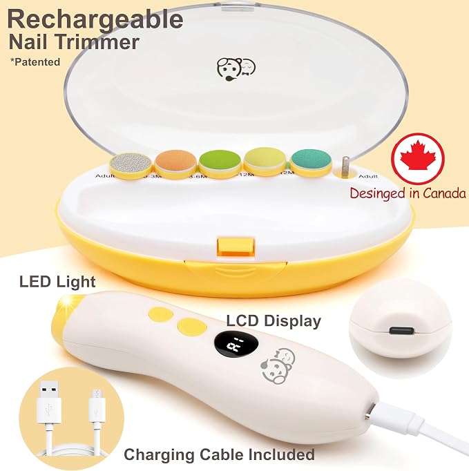 Royal Angels Rechargeable 22 in 1 Baby Nail Trimmer with LCD Display, Labeled Case, 13 Extra Pads, Safe Quiet LED Light Electric Baby Nail File Kit for Newborns Toddlers (Mango)