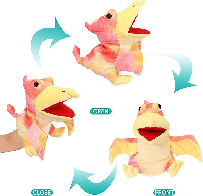 Cuteoy Plush Pterosaurus Hand Puppet Stuffed Animal Toy Open Movable Mouth Creative Role Play Storytelling Dinosaur Plushies Gifts for Kids Toddlers Birthday Christmas