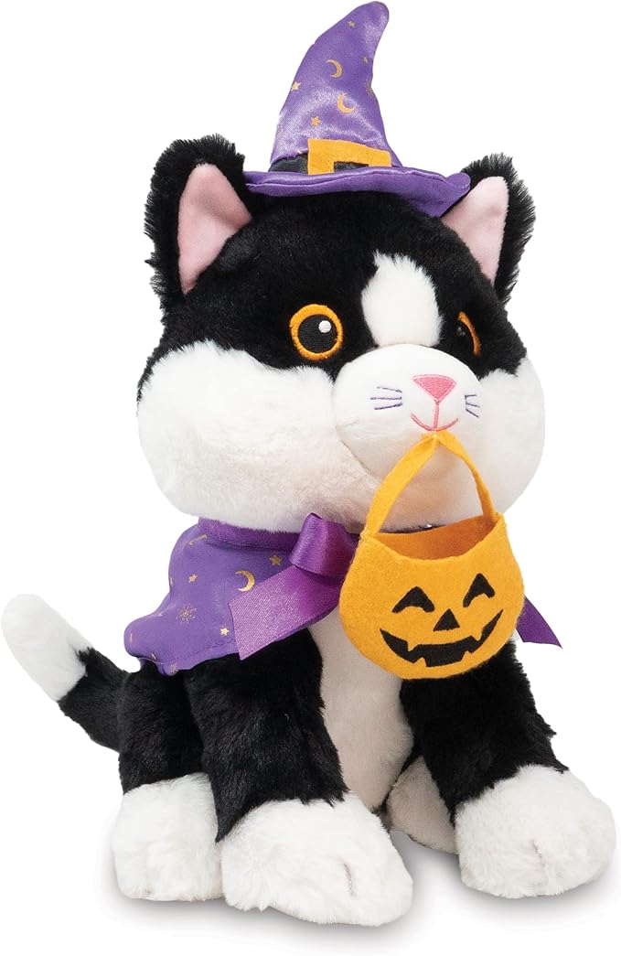 Cuddle Barn - Trick-or-Treat Tammy | Animated Halloween Tuxedo Cat Stuffed Animal Plush Toy, Dressed as Witch Twirls to I Want Candy, 9 inches