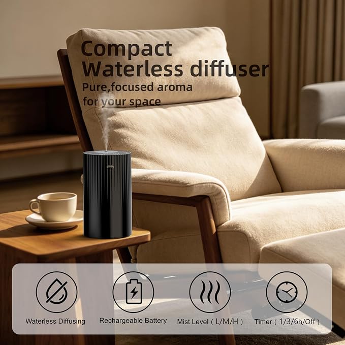 Waterless Essential Oil Diffuser, Portable Car Diffuser with Rechargeable Battery, Cordless Aromatherapy Diffuser for Home Office Bedroom, USB-C Nebulizing, 600 Sq Ft Coverage (Black)