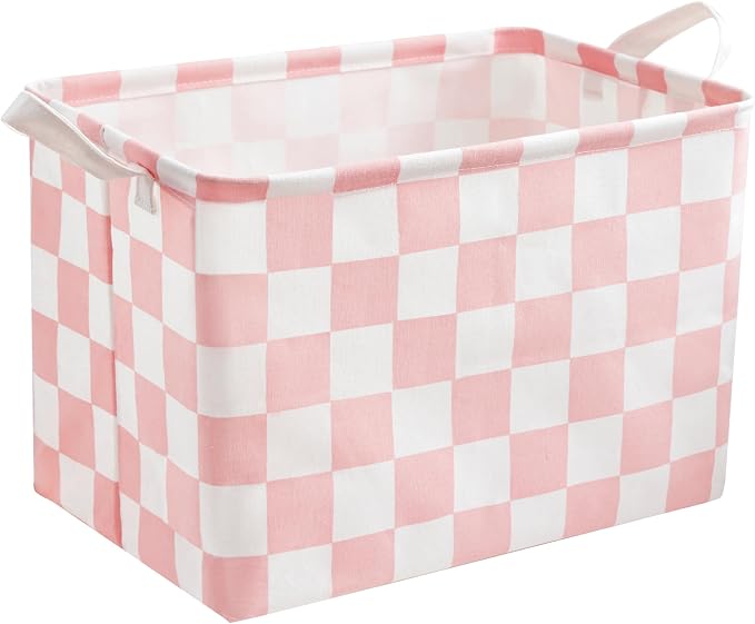 Ohocut Pink White Checkered Canvas Basket, Rectangular Organizing Decorative Storage Basket for Kids Dog Toy, Cute Aesthetic Race Cars Boy Room Decor for Home, Kitchen, Bedroom, Classroom, Shelves