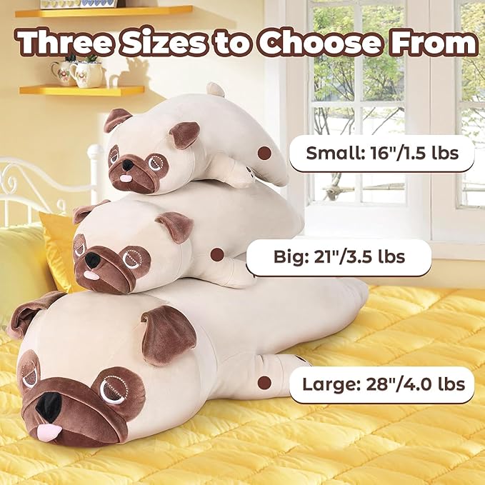 gnomantic Pug Weighted Stuffed Animals - 28 Inch 4.0 Pounds Weighted Plushies Pug - Large Bulldog Plush Stuffed Animals Pillow - Cute Plush Toys Gifts for Kids & Adults