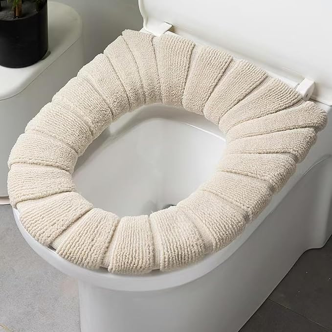 5 Pack Soft Washable Toilet Seat Covers, Thicker & Warmer Stretchable Cloth Pads for Bathroom, Cozy Pink Toilet Accessories Beige