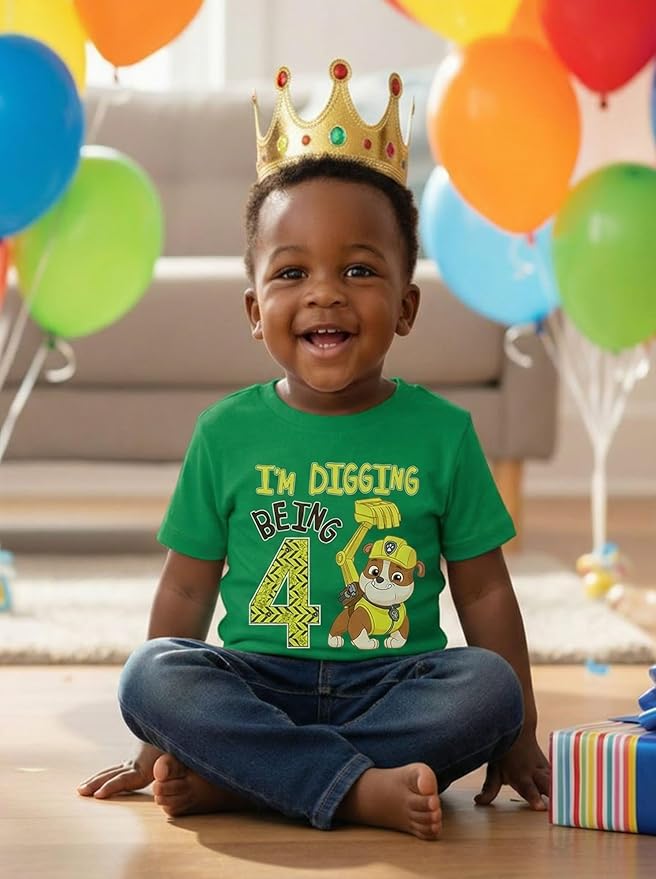 Paw Patrol Rubble Digging Being 4 T-Shirt for Toddler Boys - 4th Birthday Outfit with Construction Bulldozer Theme