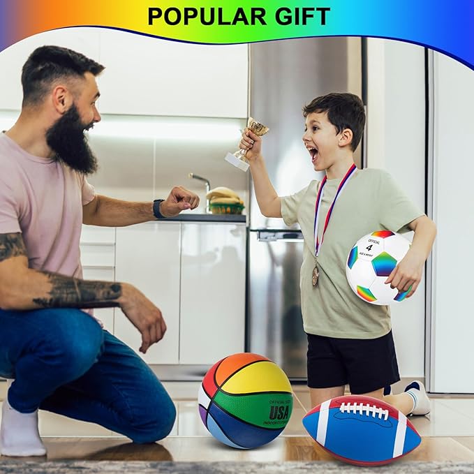 Libima 3 Pcs Sports Ball Set for Kids Teens Include Official Size 5 Basketball 4 Soccer 6 Football with Pump and Carry Bag Training Practice Sport Gift for Kids Teens Back to School