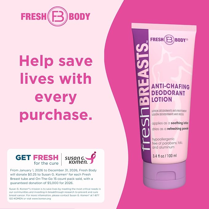 Fresh Breasts Lotion to Powder Deodorant, 3.4oz + Butt Body Powder for Men and Women - Unscented Deodorant Anti-Chafing, Talc Free, 6oz