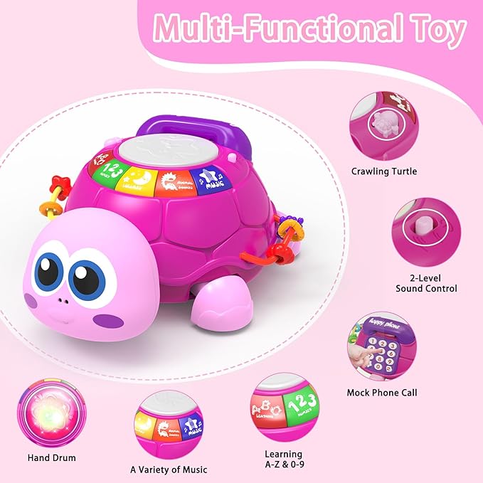 Musical Turtle Baby Toys 6 to 12 Month,Infant Light-up Musical Tummy Time Toy with Phone,Baby Crawling Toys for 7 8 9 12 Months Old,Easter Birthday Girl Gift for 3 4 5 Month+(Pink)