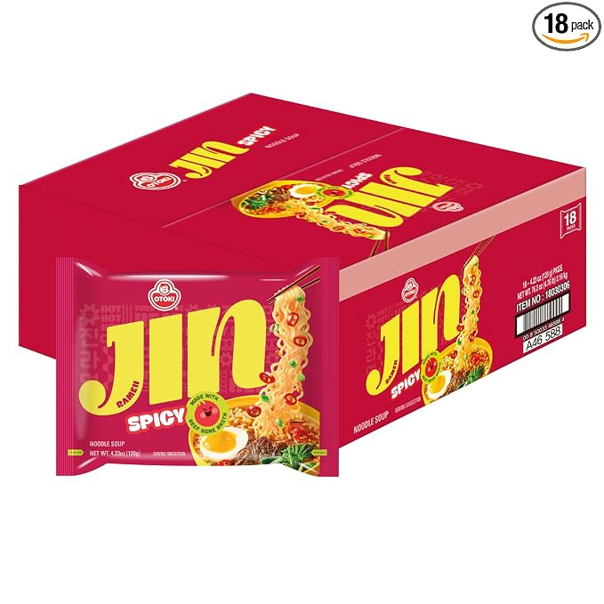 OTOKI Jin Ramen Spicy Korean Instant Ramen, 13-Hour Simmered Beef Bone Broth, Bold Spicy Flavor, Ready in 4 Minutes, 4.23 oz (Pack of 18)
