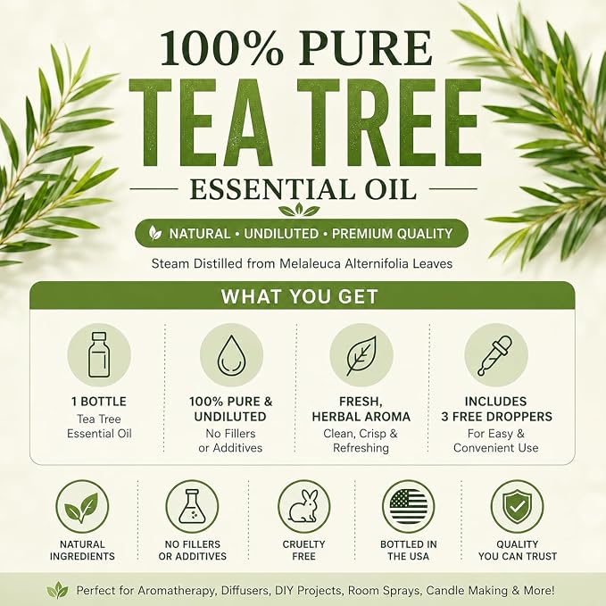 Tea Tree Essential Oil 1 fl oz – 100% Pure & Natural, Uncut & Undiluted – Therapeutic Grade for Diffuser, Aromatherapy, Home Use – Greenhealth