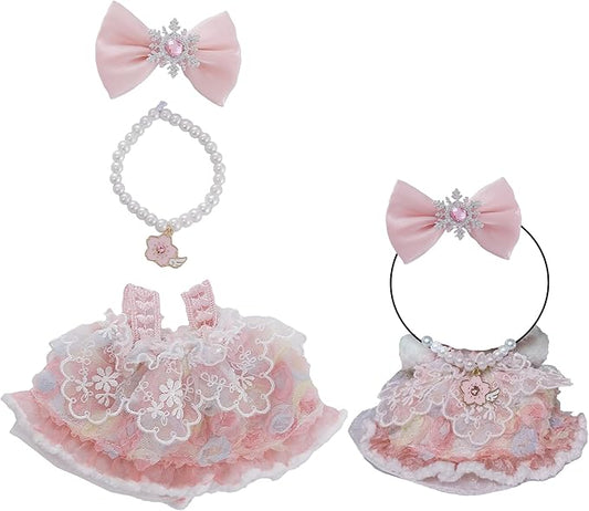 17cm Doll Clothes Set Doll Outfit 3-Piece Handmade Pink Dress with Necklace and Bow Accessories for 17cm Plush Dolls, Clothes Only