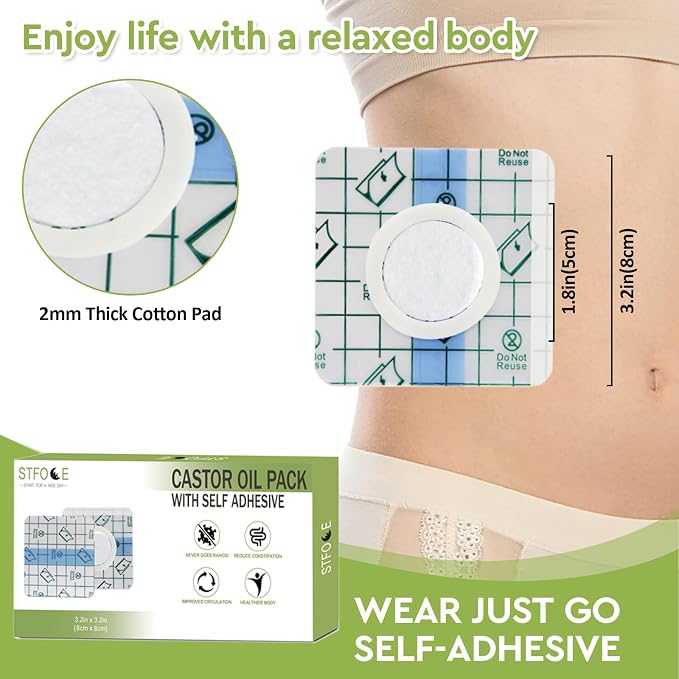 STFOCE 50pcs Castor Oil Patches, Castor Oil Belly Button Patch, Organic Cotton Self-Adhesive Pads for Stomach, Anti Leakage, Breathable, No Wash, Portable 3.2×3.2 Inch (Transparent)