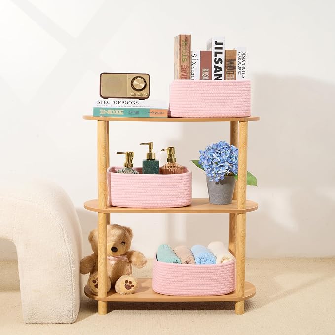 MiniArk Small Storage Baskets for Organizing | Closet Organizer Bins | Shelf Toy Basket | Woven Rope Baskets | Cube Decorative Box | Shallow Basket | 11.5x7.5x4.7” | 4 Packs Light Pink