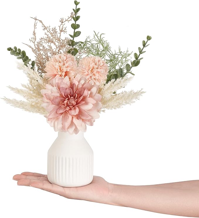 Mkono Fake Flowers in Ceramic Vase, 12.5" Coffee Table Centerpieces, Pink | Table Decor with vase, Small Silk Faux Artificial Flower Arrangements, Fits Bathroom Dining Room Kitchen Home Indoor Decor