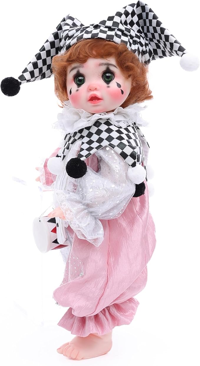 Harlequin Clown Reborn Toddler Girl Dolls – 18 Inch Baby Doll with Curly Hair, Checkered Hat, Pink & Silver Costume, and Mini Drum, Baby Dolls for 5 Year Old Girls, Parents, Collectors
