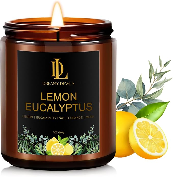 Lemon Eucalyptus Scented Candle, Soy Candles for Home Scented, Amber Jar Candles Gifts for Men Women, 7oz