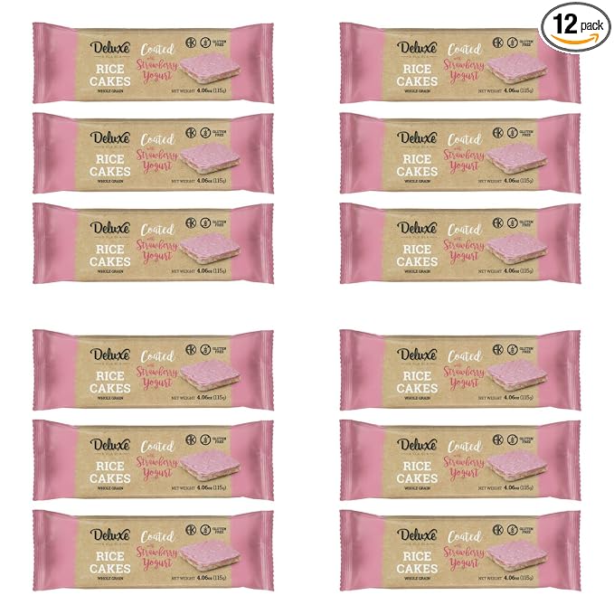 Deluxe & Bla Bla Thin and Crispy Strawberry Yogurt Chocolate Rice Cakes, Kosher Certified Dairy, Gluten Free, Nuts Free Snack Pack Of 12 (Pack of 12, Strawberry Yogurt)