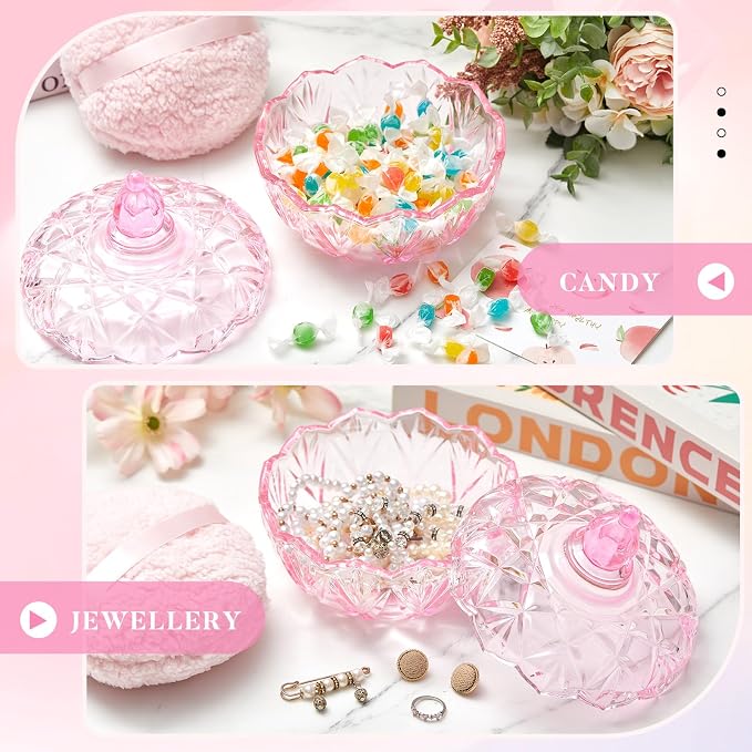 Tioncy 2 Pcs Extra Large Dusting Powder Puff and Container for Women-6'' Glass Crystal Dusting Powder Container with Body Soft Washable Reusable Velour Face(Pink,Pumpkin)