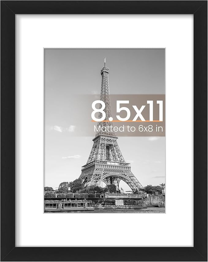 upsimples 8.5 By 11 Picture Frame, Display Pictures 6x8 with Mat or 8.5 x 11 Without, Wall Hanging Photo Frames, Black, 1 Pack