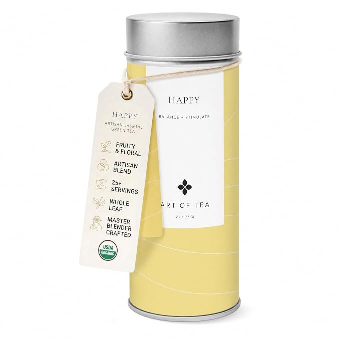 Art of Tea Happy Tea 2oz Loose Leaf Green Tea Tin, Fruity Jasmine Green Tea with Raspberry & Hibiscus, Premium Loose Leaf Tea for Natural Energy Support