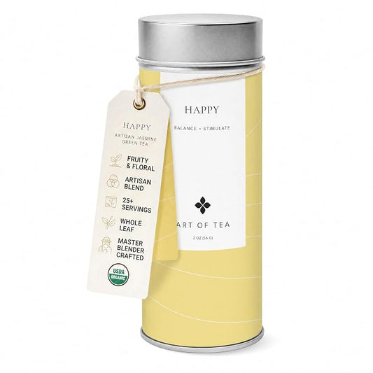 Art of Tea Happy Tea 2oz Loose Leaf Green Tea Tin, Fruity Jasmine Green Tea with Raspberry & Hibiscus, Premium Loose Leaf Tea for Natural Energy Support