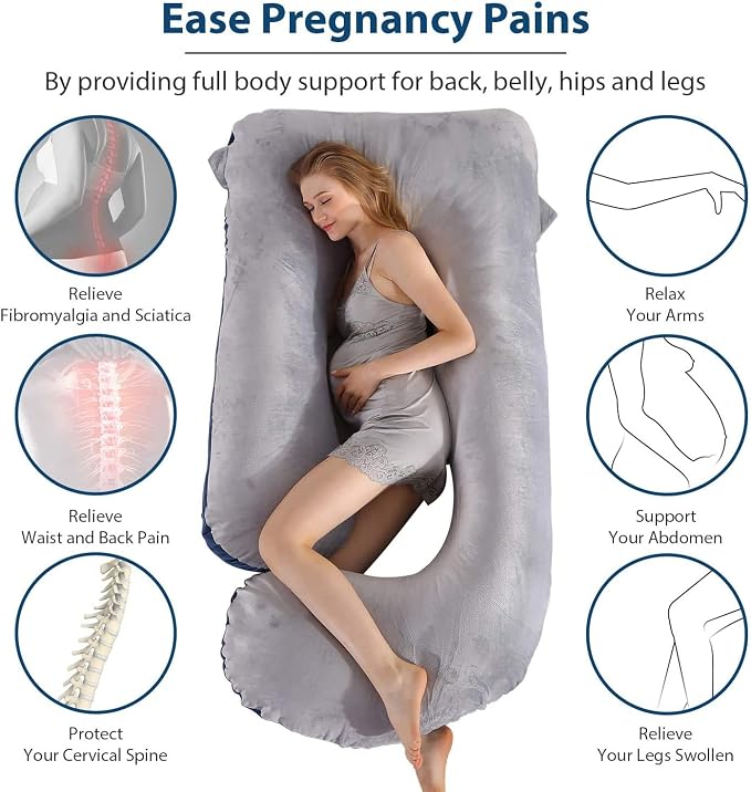 U-Shaped Full Body Pregnancy Pillow for Sleeping – 57" Maternity Pillow with Removable Cover, Support for Back, Legs, Belly & Hips (Velvet-Blue and Grey)