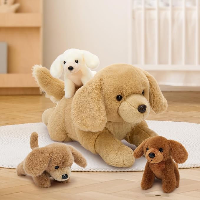MaoGoLan 4pcs Golden Retriever Stuffed Animal with Babies Inside - 18" Mommy Dog Stuffed Animal with 3 Puppy Plushies, Soft Cute Stuffed Dog Plush Toys for Kids Girls Boys Gift