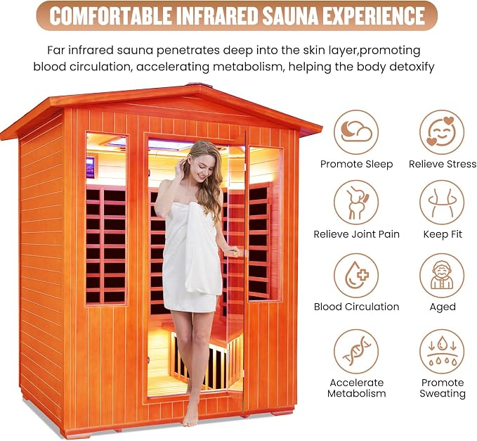 Outdoor Sauna 4 Person Dry Infrared Sauna with Red Light Wood Personal Spa Room Low-EMF 2600W 240V Abysmal Lamp Bluetooth Speakers 62.2"x46.9"x81.9"