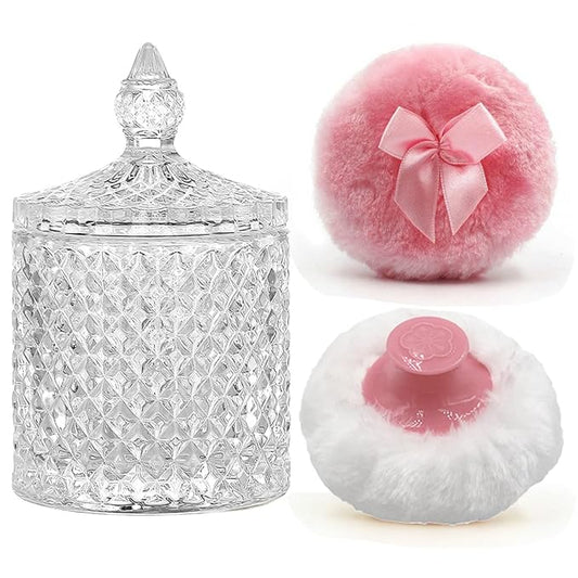 Luxury 4.2 Inch Glass Powder Container with 2 Plush Puffs｜Non-Sealed Refillable Organizer for Body Powder&Makeup｜Setting Powder Applicator w/ Loose Powder Storage(Pointed Cylinder-Clear-Large)