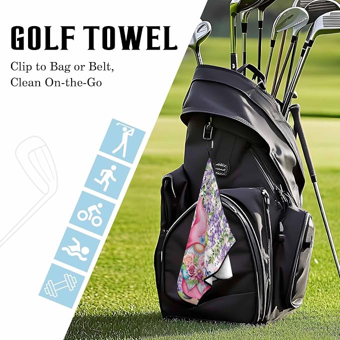 Blue Purple Gnomes Golf Towel with Clip, Spring Hydrangea Flower Leaf Pink Plaid Large Microfiber Women Men Sports Work Out Disc Golf Bag Towel for Yoga, Gym, Fitness, Swimming Towels Accessory