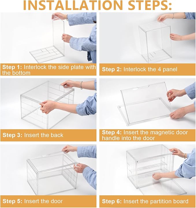 4 Tiers Clear Ddisplay Cases for Collectibles, Acrylic Storage Organizers Box with Magnetic Door, Desktop Clear Showcase with 3 Adjustable Divider Storage Box for Action Figure