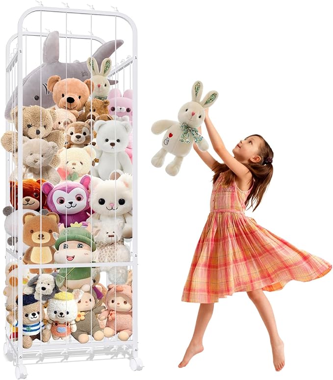 Metal Tube Stuffed Animal Holder, Large Stuffed Animal Storage, White Plushies Storage Elastic Band, Toys Organizer with 360° Brake Wheels for Nursery, Kids Room, Playroom