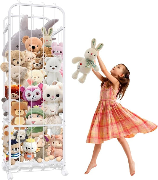 Metal Tube Stuffed Animal Holder, Large Stuffed Animal Storage, White Plushies Storage Elastic Band, Toys Organizer with 360° Brake Wheels for Nursery, Kids Room, Playroom