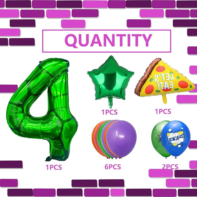 11Pcs Cartoon Turtle Theme Birthday Decorations 40 Inch Number 4 Foil Balloons Super Green Turtle Themed Hero Large Mylar 4th Number Balloon Video Game Pizza Balloons Party Favors Red