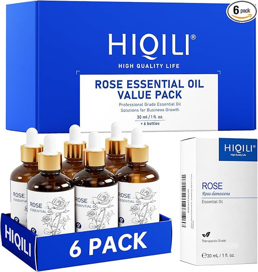 HIQILI Rose Essential Oil Set – 1 fl oz (6 Pack), with Stable Quality, Bulk Pack for Business Purchase, Ideal for Skin Care, SPA, Hotels, DIY Studios, Holiday Gifts & Home Use