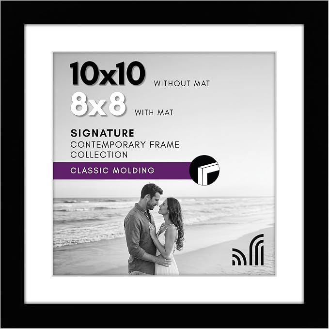 Americanflat 10x10 Picture Frame with Shatter-Resistant Glass - Use as 8x8 Frame with Mat or Display 10x10 Photo Without Mat - Signature Collection - Square Frames for Wall Display - Black | Shatter-resistant glass, sawtooth hangers included, secure tu...