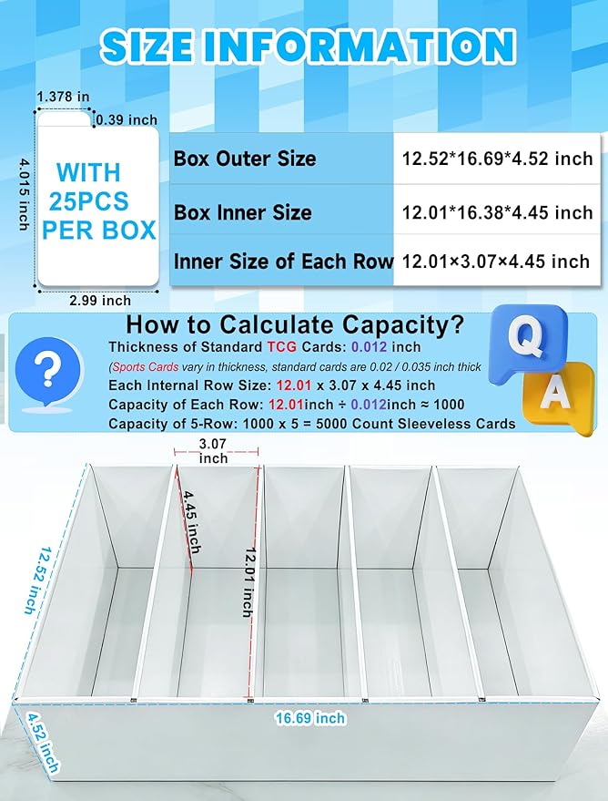 6-PACK Trading Card Storage Box -5 Row 5000ct TCG Corrugated Cardboard Storage Box, 3000ct Sports Card Box, Bulk Card Storage with Divider for MTG, Unsleeved, Toploader, Magnetic Holder