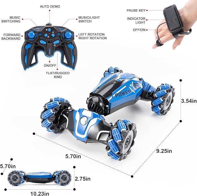 YEMIAI RC Stunt Car, 2.4GHz 4WD Drive Remote Controlled Gesture Sensor Toy Car, Hand Remote Control car with 360° Flipping Light and Music, Children's Toys for Boys and Girls Aged 5-13