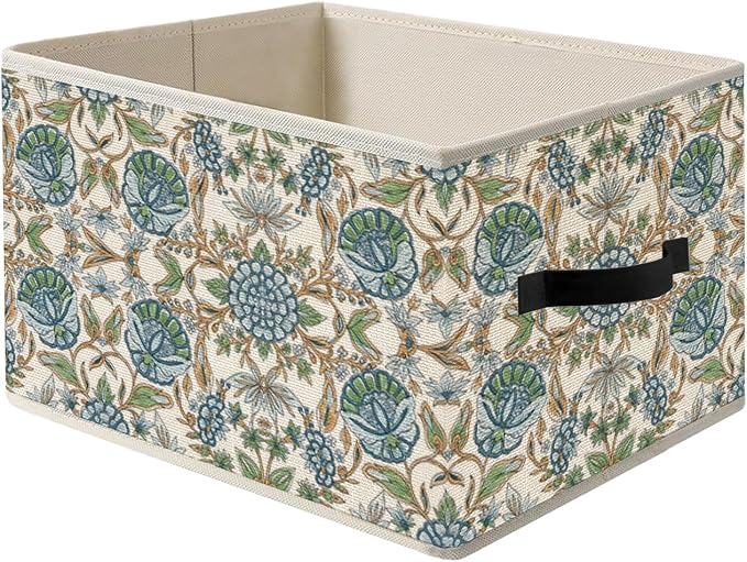 Blue Floral Storage Bin Box with Handles, Vintage French Country Blue and Green Flower Botanical Foldable Organizer Basket Toybox for Bedroom Bathroom Home Clothes Books