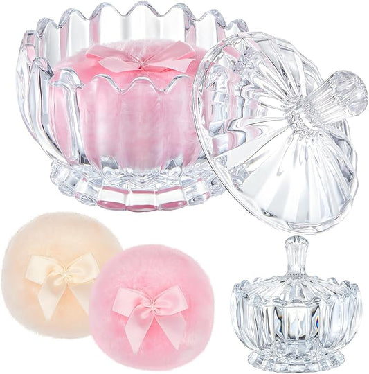 Tioncy 3 Pcs Large Body Powder Puff and Container Powder Container with Puff Powder Puff Crystal Container Soft Washable Reusable Velour Face Body Glitter Powder Puff Wet Dry Makeup(Clear,Cute)