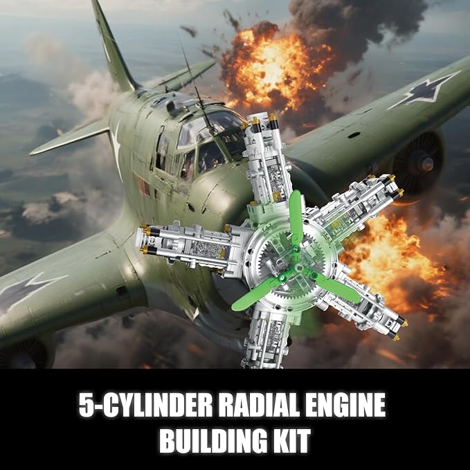 5-Cylinder Radial Engine Building Set, Build Your Own Mini Military Plane Engine Model Kit that Runs, Compatible with Lego WW2, STEM Toy Gifts for Adults & Teens Boys 8-14+ (863 PCS)