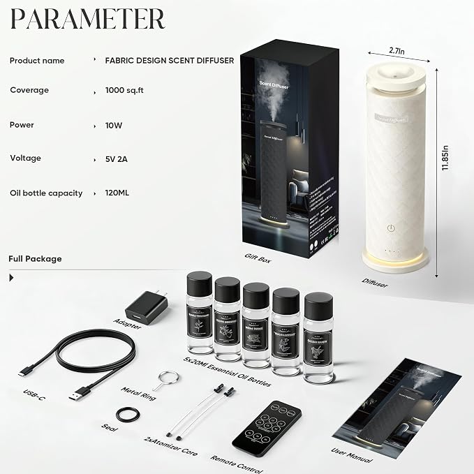 Waterless Scent Diffuser Starter Kit with 5 Oils, Luxury Hotel Style Cold Air Diffuser Oil Machine for Home, 1000 Sq Ft Coverage, Quiet Nebulizing Aromatherapy with Remote, Tower Fabric Design, Cream