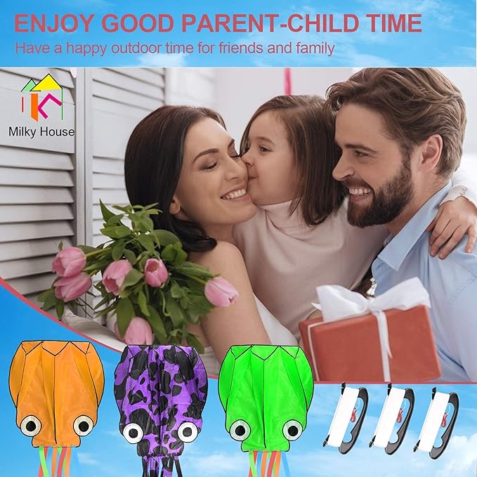 3 Pack Octopus Kite - 3D Beach Kites for People & Kids (Blue, Green, Red) - Easy to Fly, Kite Kit with 100M String