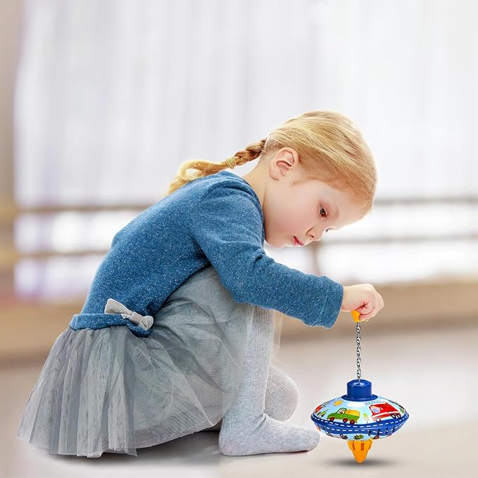 Retro Spinning Top Tin Toy for Kids – Fun Vehicle Classic Toys - Toddler Traditional Spin Tops - Metal Fidget Spinner for Kindergarten – Sensory Gyroscope - Novelty Gifts Party Favors