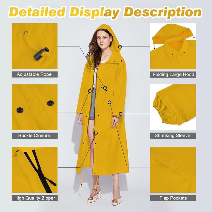 LAMA Womens Long Raincoats Rain Jacket Waterproof Packable Hooded Windbreaker Lightweight Adjustable Waist for Outdoor