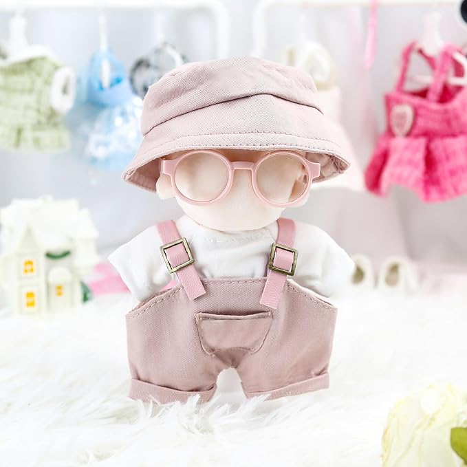 Doll Clothes (NO Doll) 17cm Pink Outfits for Dolls Cute Hat Overalls Set Glasses and White T-Shirt Exquisite Clothes Accessories (Pink Jumpsuit)