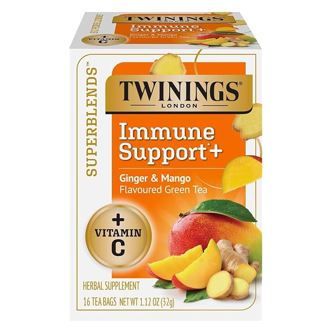 Twinings Superblends Immune Support+ Herbal Tea with Vitamin C, Ginger & Mango Flavoured Green Tea, 16 Tea Bags (Pack of 1), Enjoy Hot or Iced
