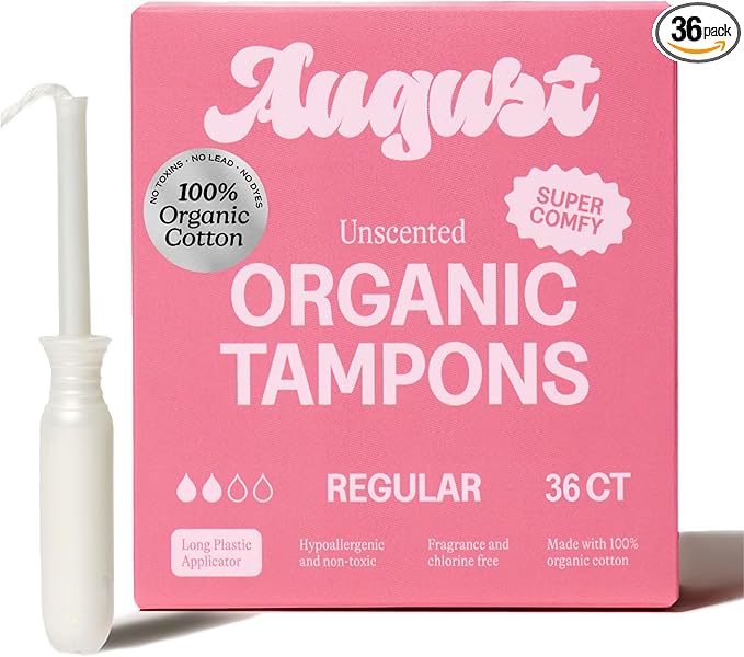 August Regular Tampons - Easy-Glide Long Applicators - 36-Pack 100% Organic Cotton Tampons for Women, Non-Toxic, Fragrance-Free, and Hypoallergenic